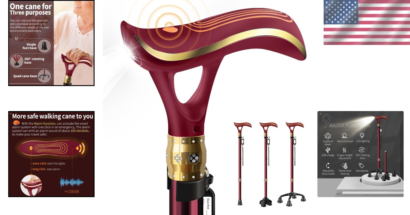 Versatile Telescopic Walking Cane for Seniors - Features LED and Alarm Systems