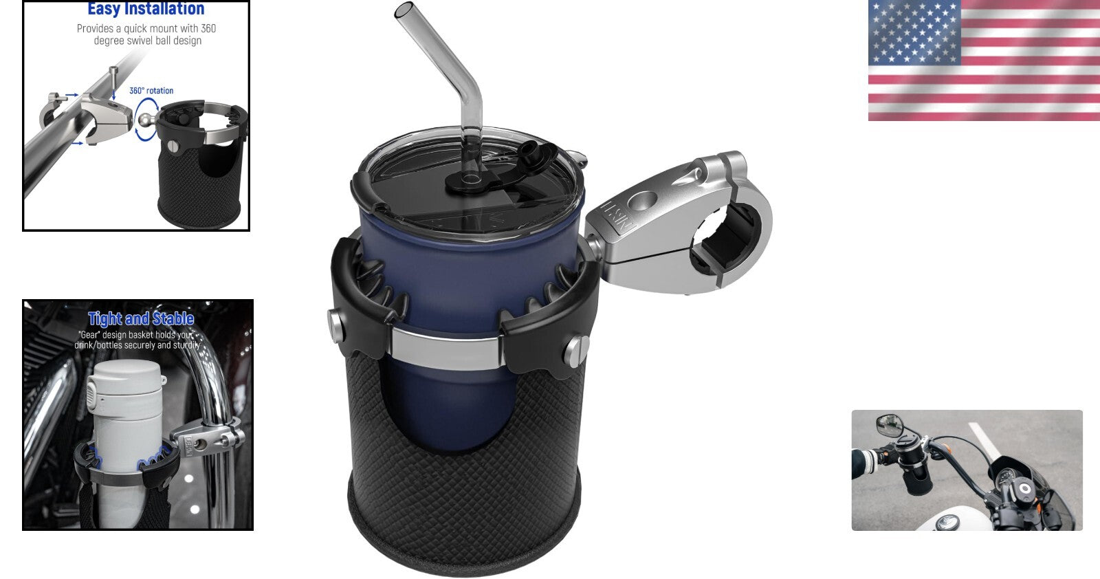 Durable 360° Swivel Motorcycle Cup Holder with Gear Basket - Fits 7/8" to 1 1/4"