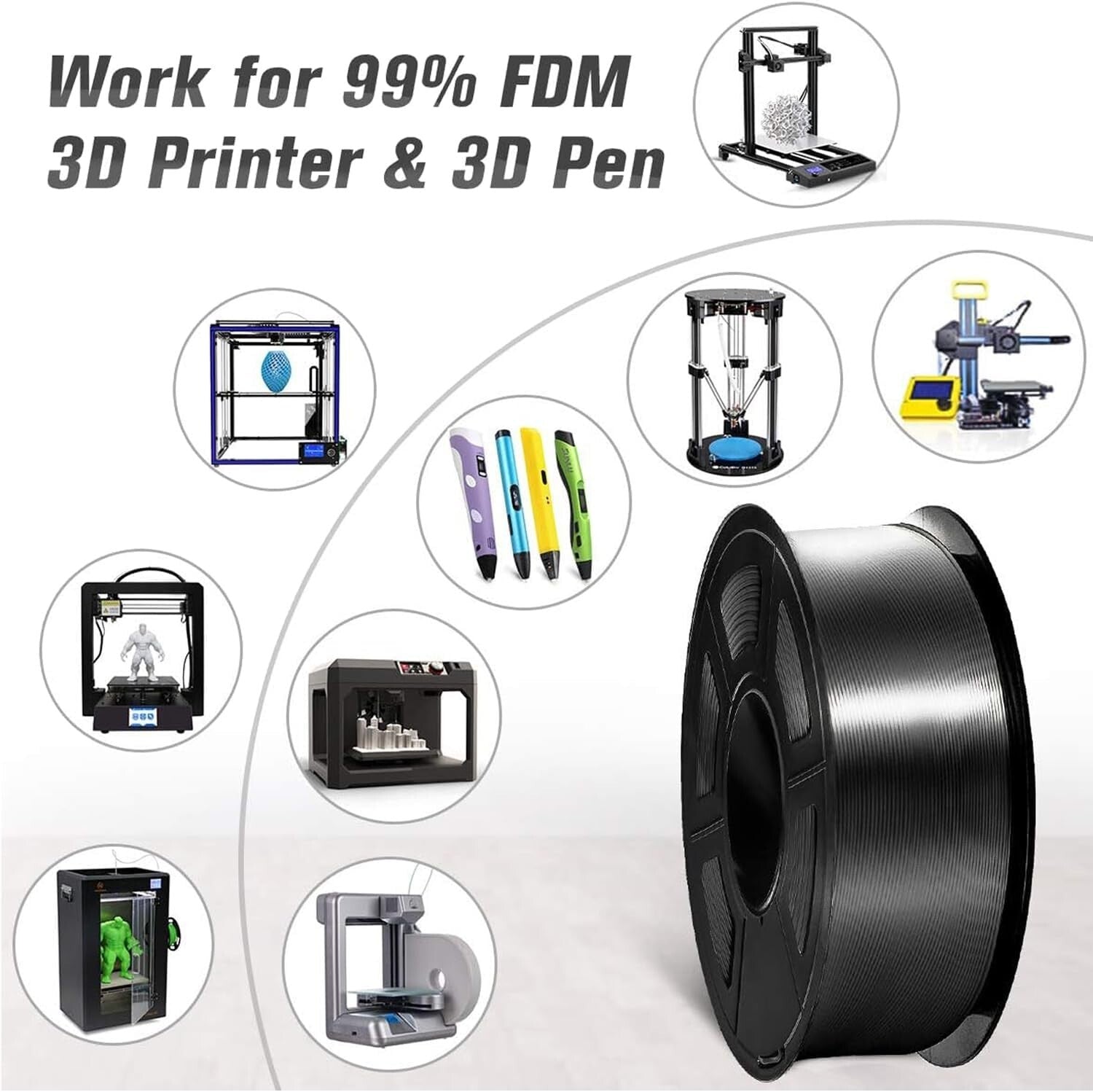 4 Pack Black Shiny Silk PLA 3D Filament - 1.75mm, Perfect for Any Printer