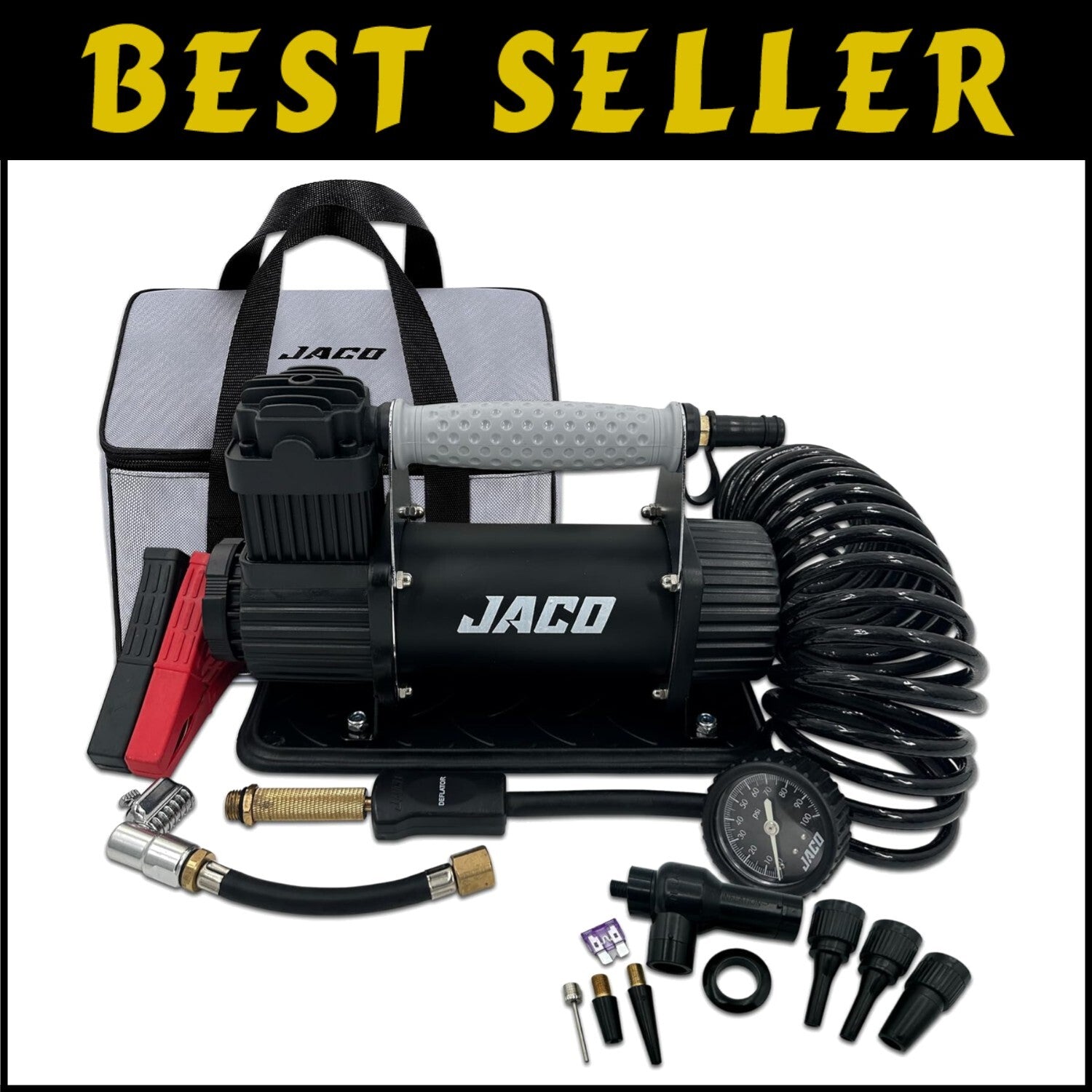 Compact JACO 12V Tire Inflator - 3.5 CFM High Flow with Quick Lock Air Chuck