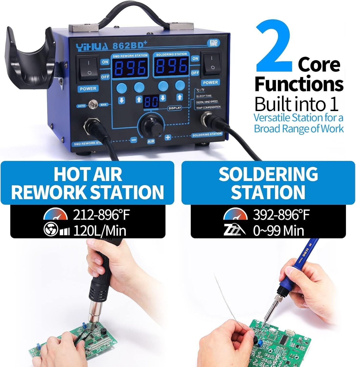Dual-Channel ESD Safe Soldering Iron & Hot Air Station with Accessories Included