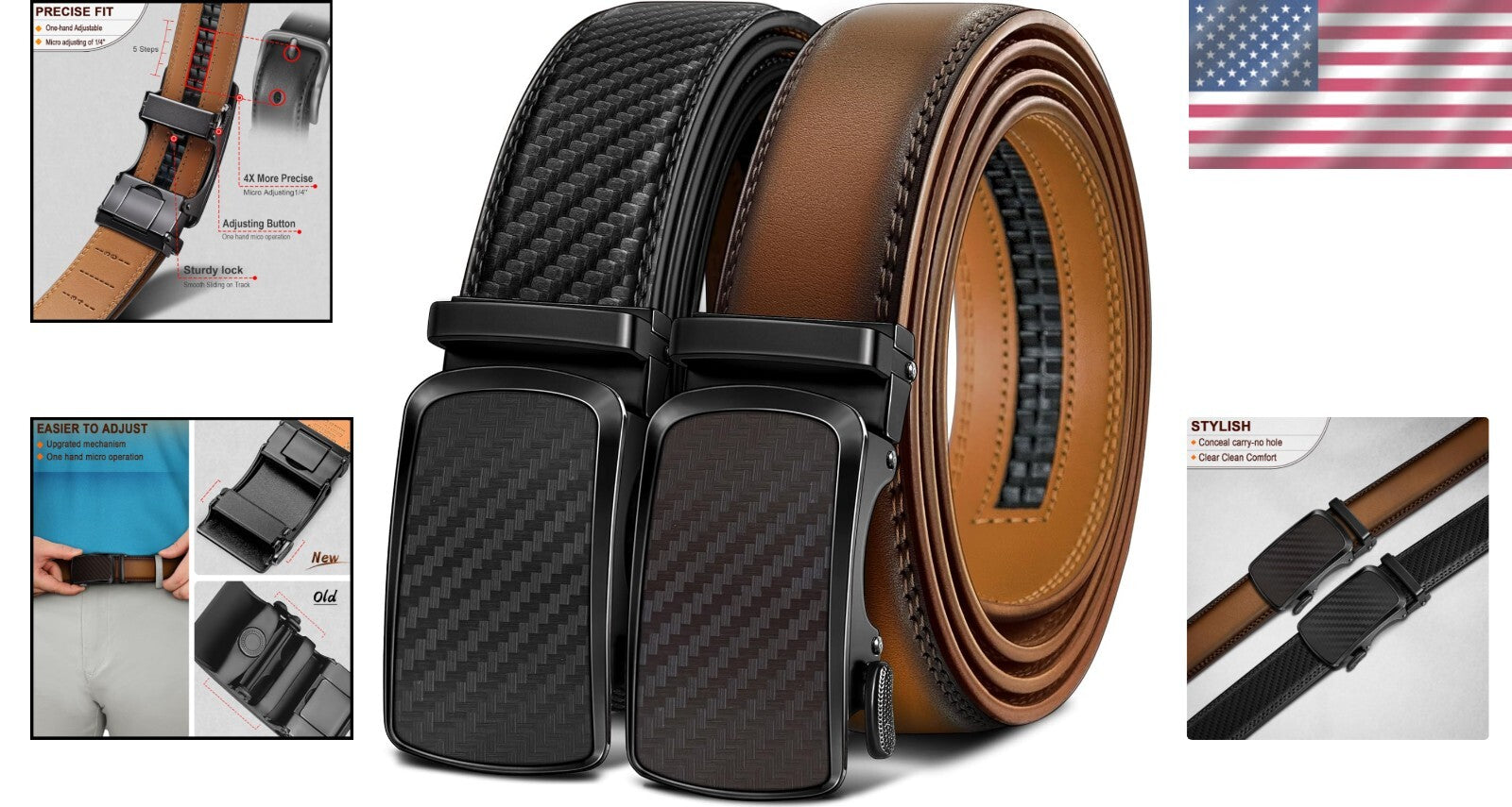 Men’s Adjustable Ratchet Belt 2-Pack - Perfect Fit Leather Belts Gift Set