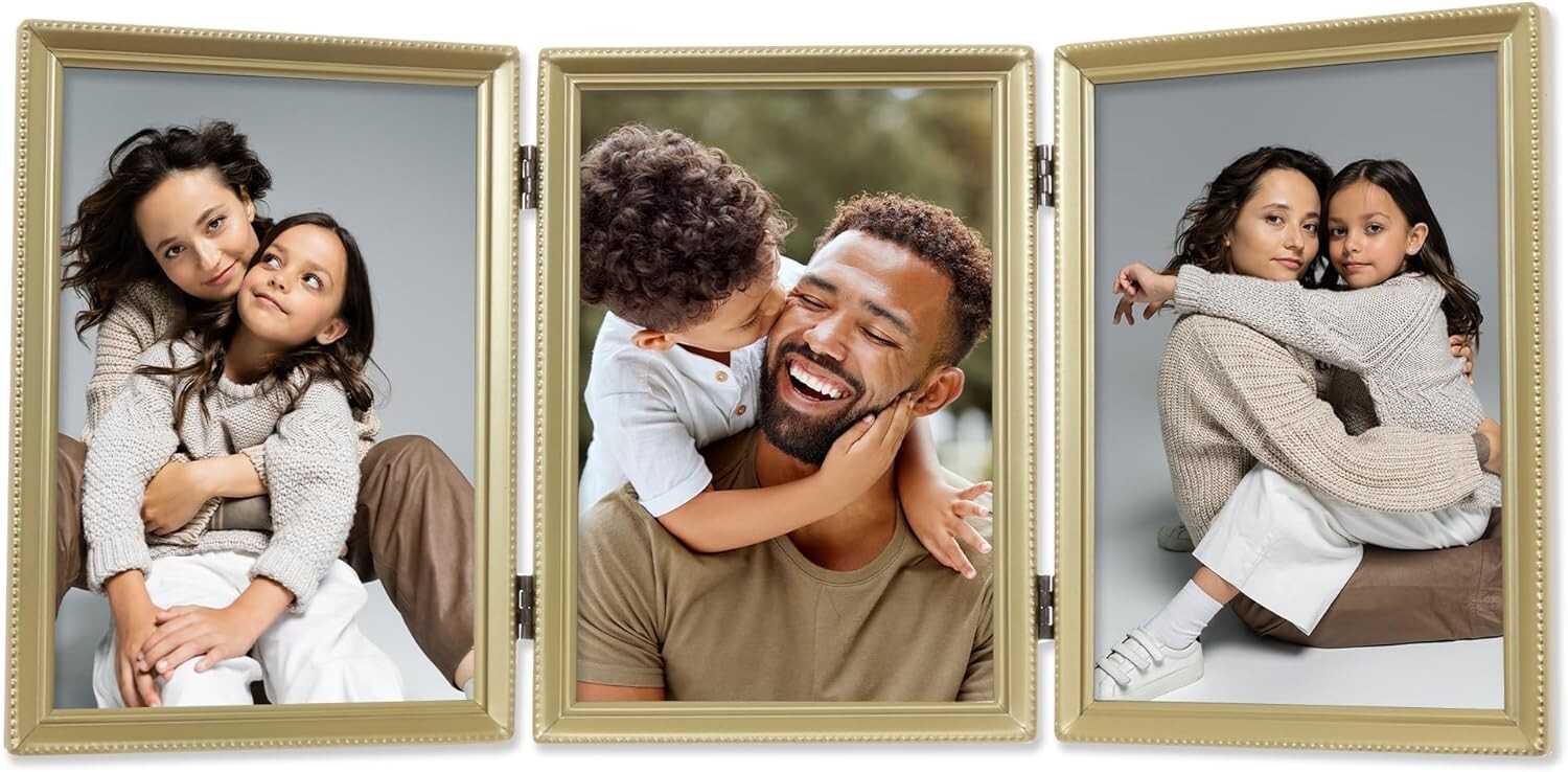 Elegant 5x7 Triple Photo Frame in Antique Satin Gold with Beaded Border