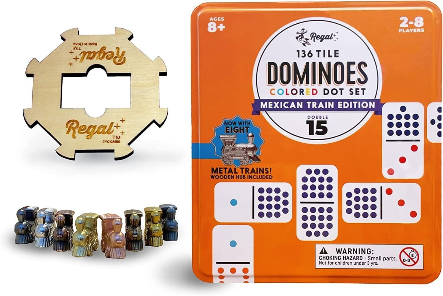Ideal Gift: Mexican Train Double 15 Dominoes Set with Metal Trains - 2-8 Players