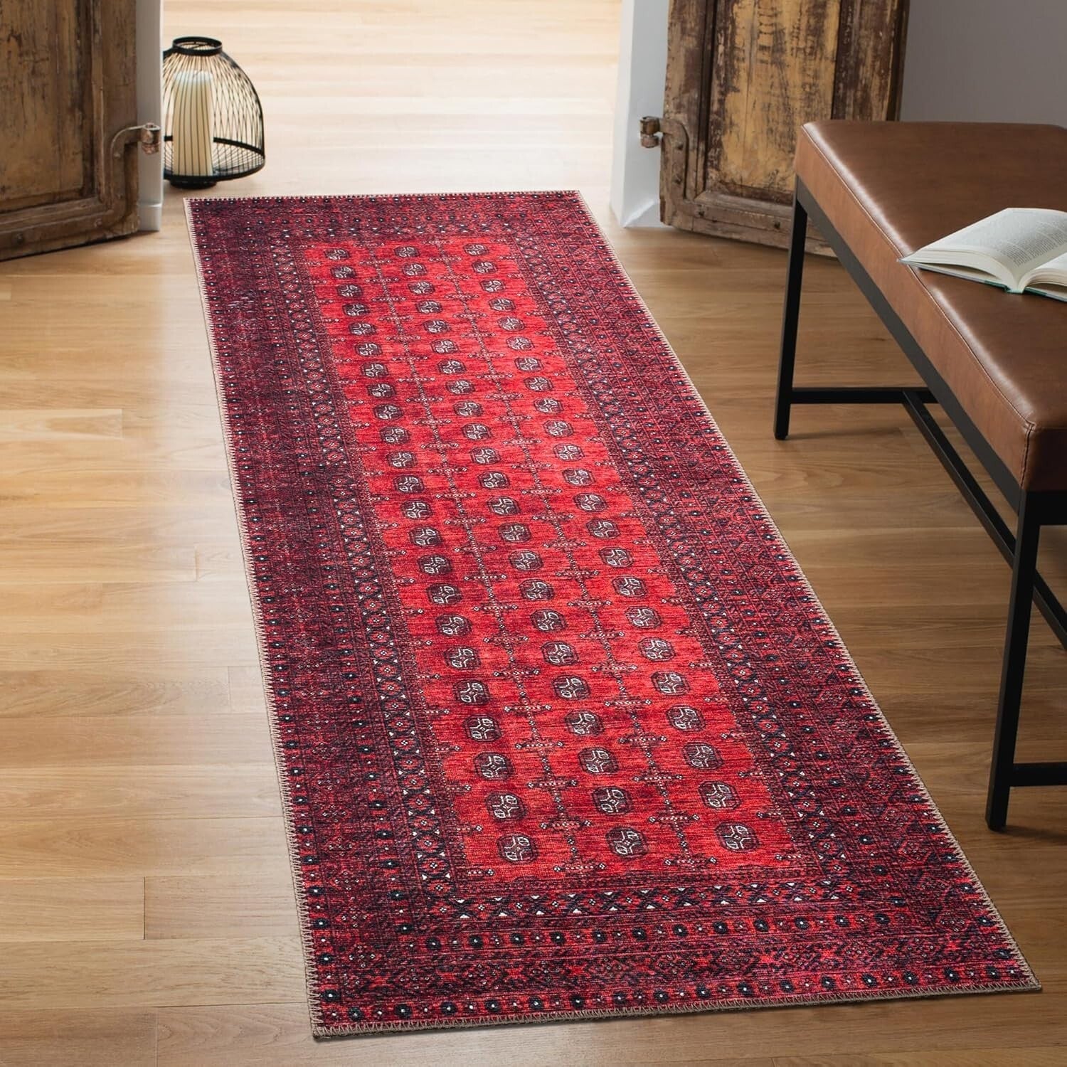 Durable Machine Washable Rug 2x10 - Red Geometric Pattern for High Traffic Areas