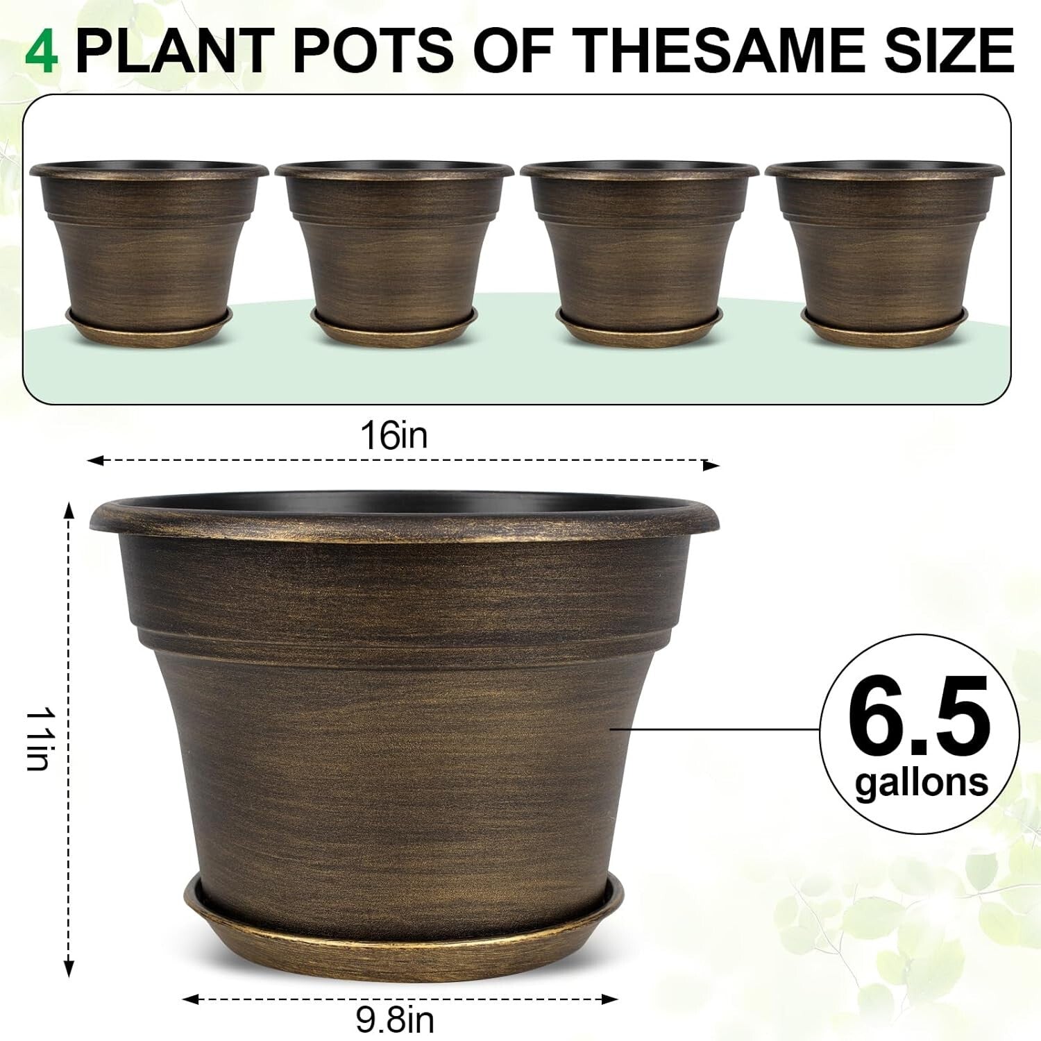 Stylish Resin Plant Pots 16-Inch with Drainage Holes - Dark Gold, Set of 4
