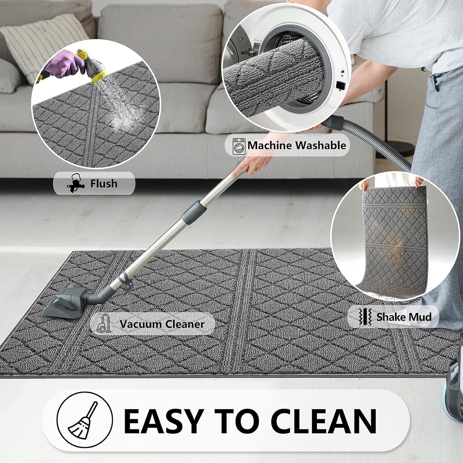 Stylish Indoor Doormat 36" x 59" with Absorbent Backing - Pet-Friendly Grey Rug