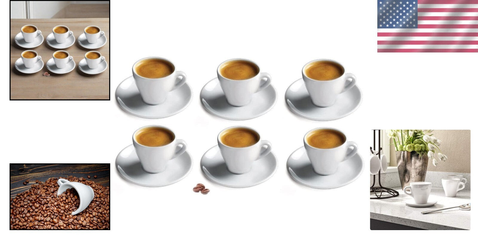 Classic Italian White Porcelain Espresso Cups Set of 6, 2 oz. - Durable & Ele...