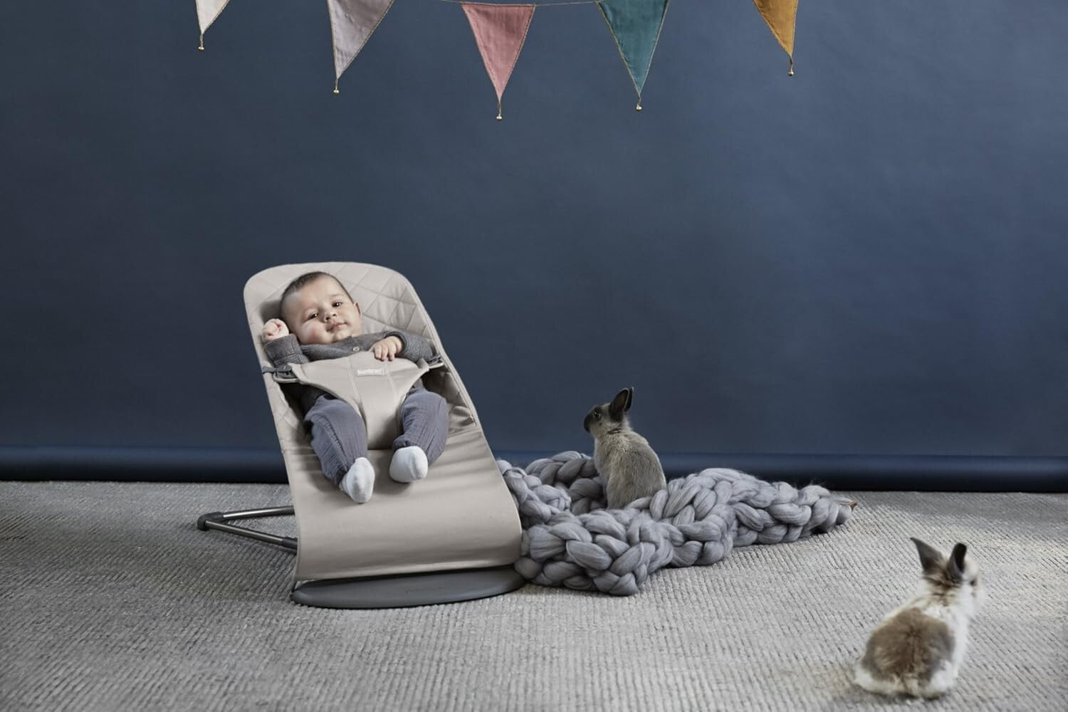 Luxury Adjustable Baby Bouncer and Toddler Chair in Sand Gray Cotton - Portable