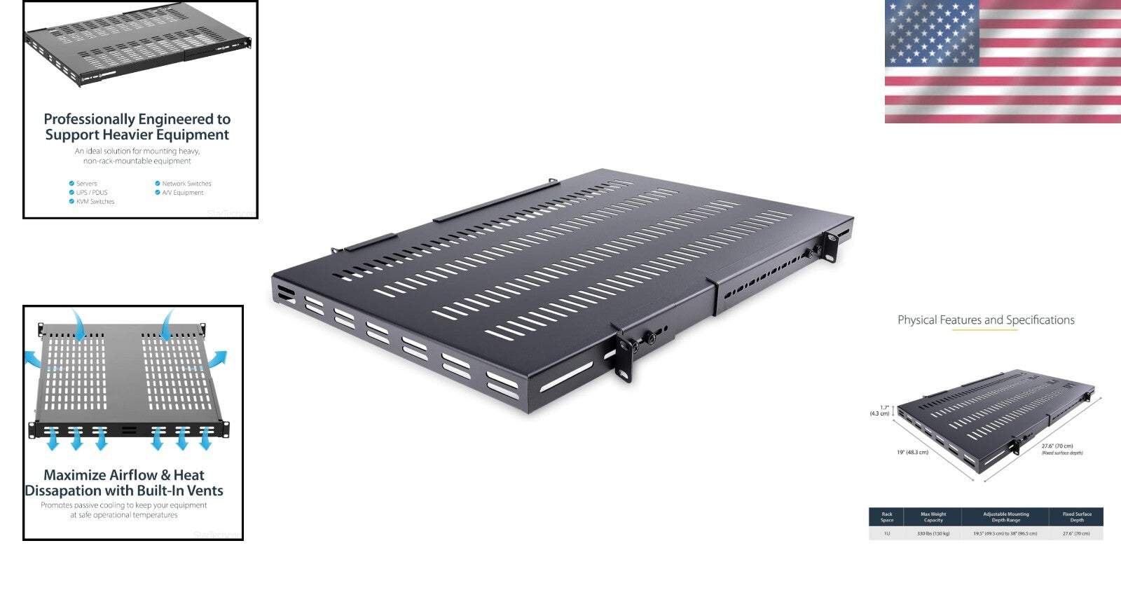 Universal 19” Rack Mount Shelf with Adjustable Depth - Durable 330lbs Support