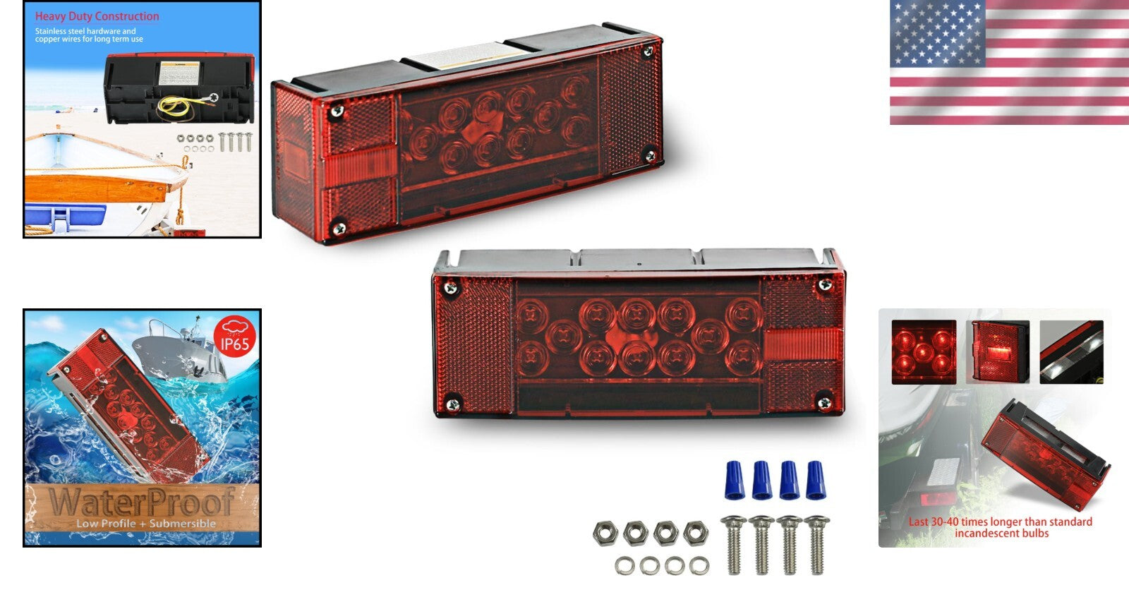 12V LED Waterproof Trailer Lights, Submersible Red Tail Lights for Boats & RVs