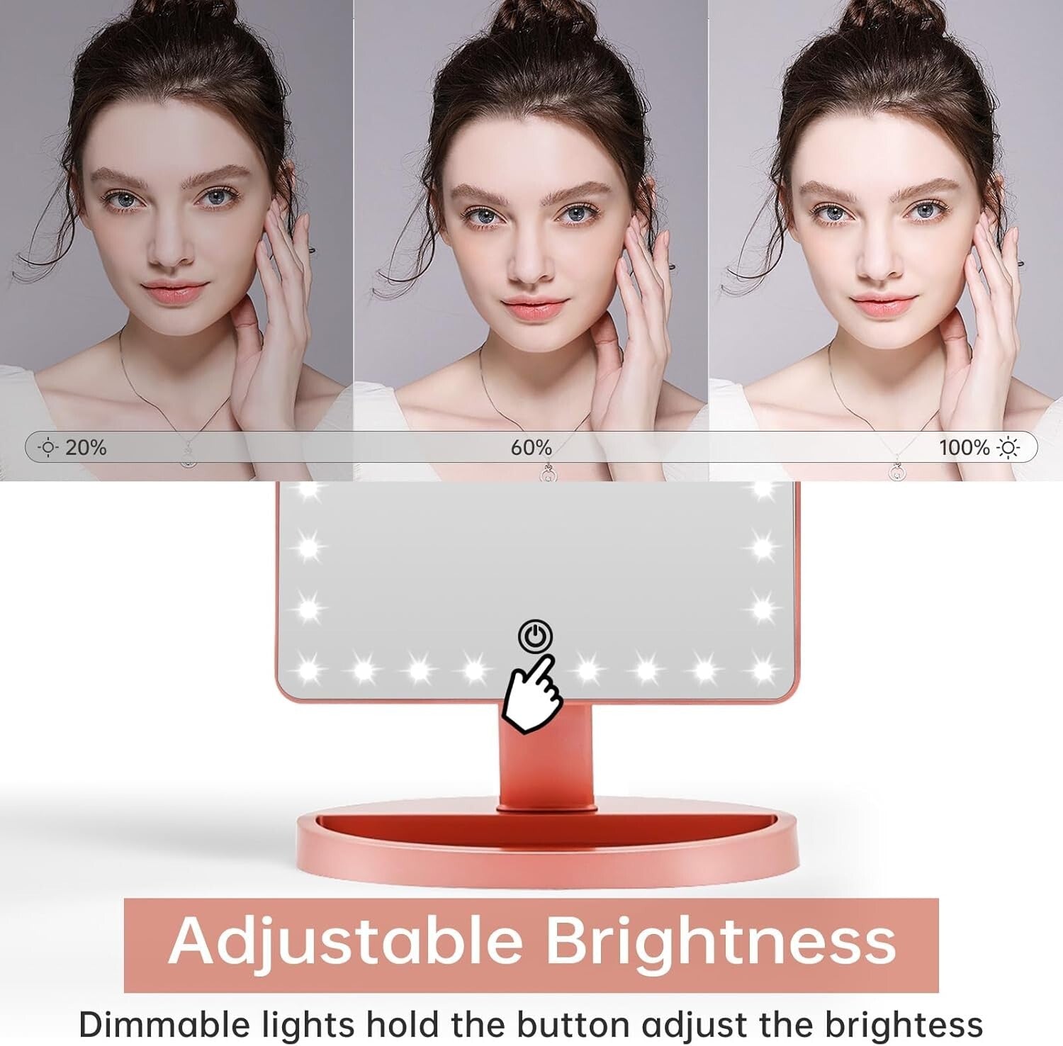 Large Lighted Makeup Mirror with 10X Magnification & 360° Rotation in Rose Gold