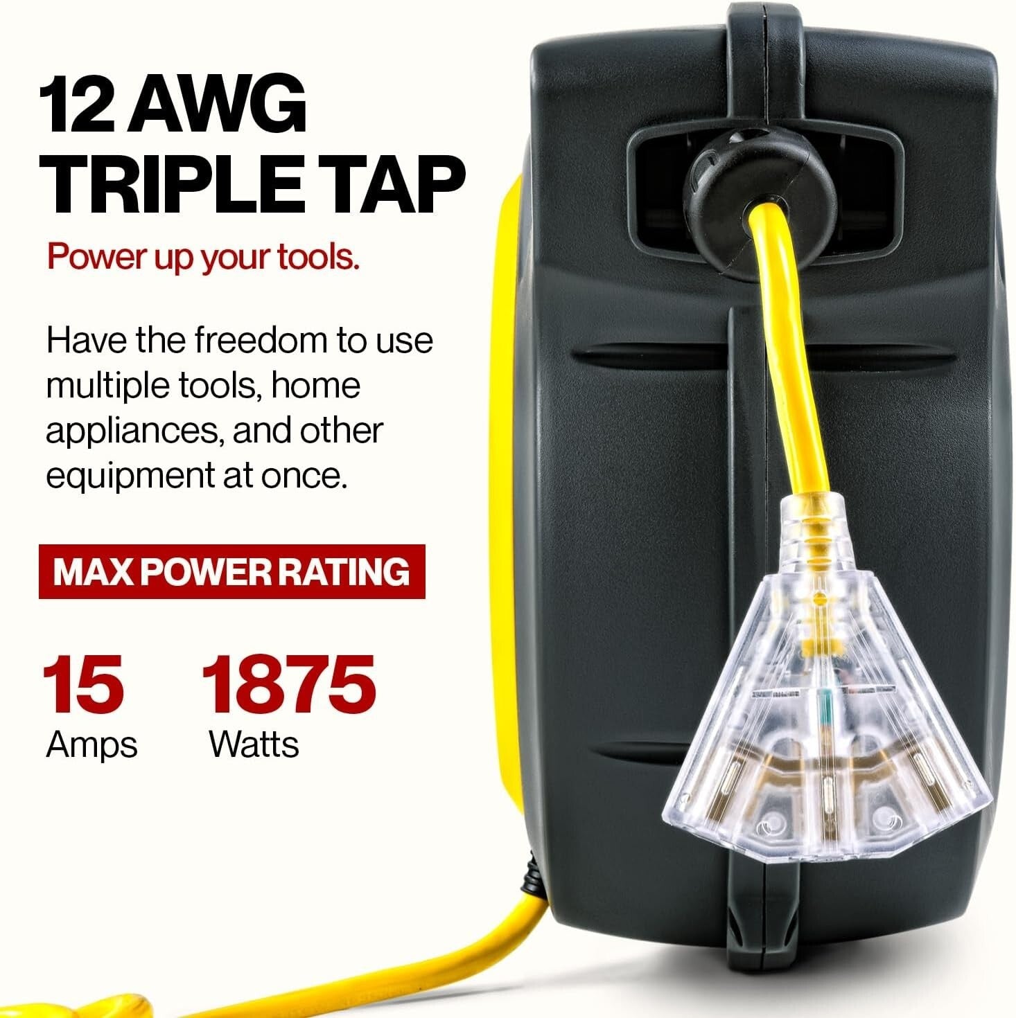 Premium 12AWG x 50ft Extension Cord with Glow Strip & Slow Retraction Technology