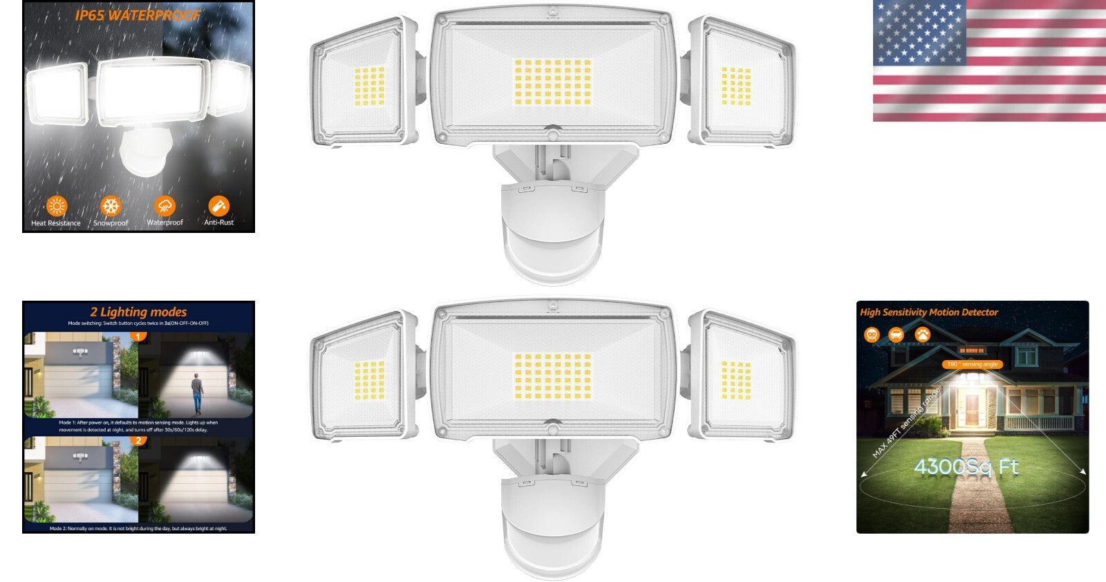 Adjustable 3-Head Motion Sensor Outdoor Lights - Bright 38W Security Floodlight