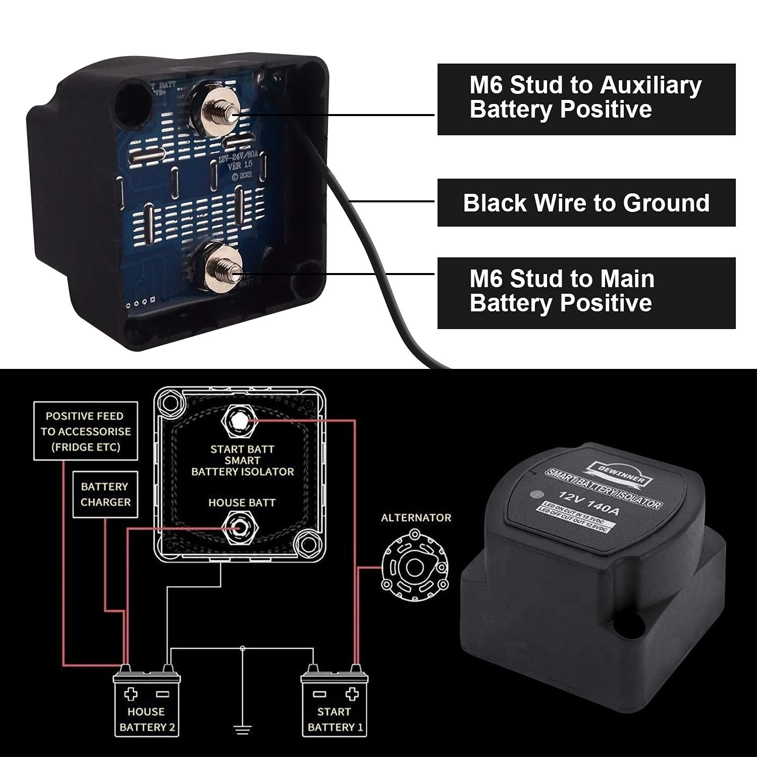 12V 140 Amp Dual Battery Isolator & Complete Wiring Kit for Easy Installations