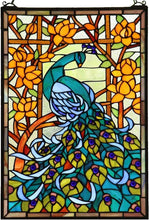 Load image into Gallery viewer, Rectangular Tiffany Stained Glass Peacock Panel with 30" Chain - Handmade Beauty