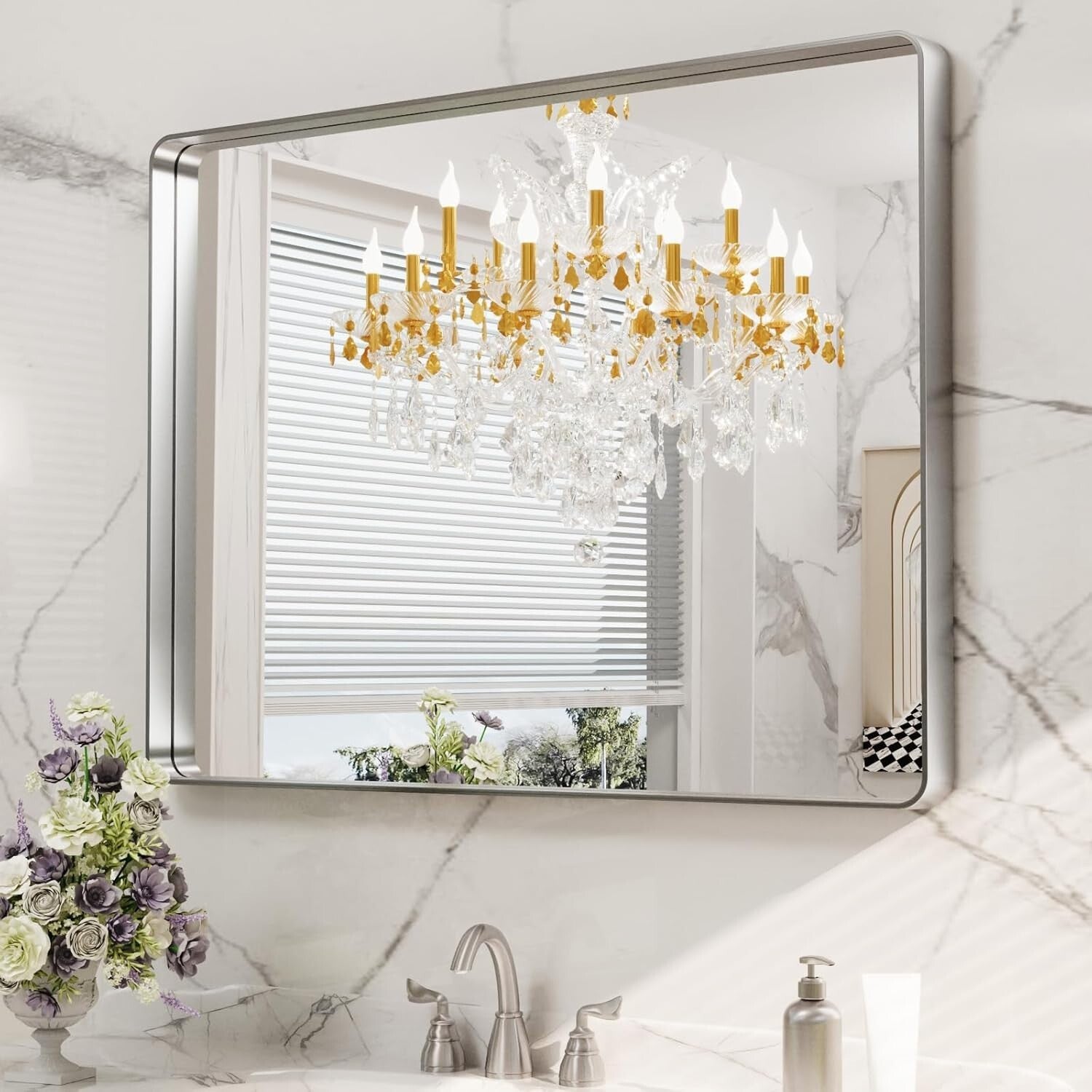 Modern 40"x30" Brushed Nickel Bathroom Mirror - Easy Install & Secure Mounting