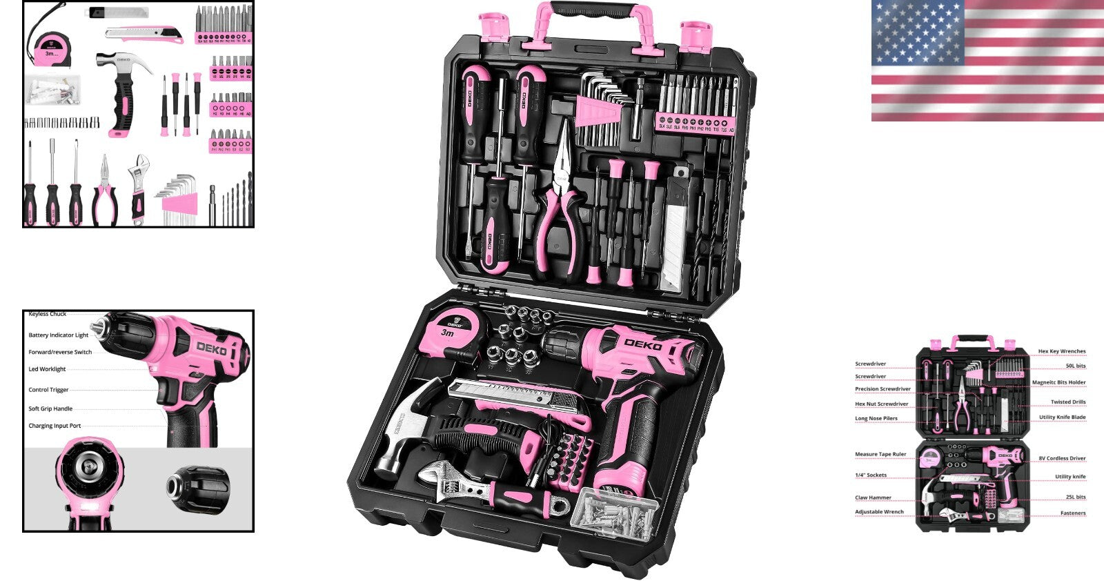 Elegant 126-Piece Pink Tool Kit with LED Cordless Drill - Home DIY Essential