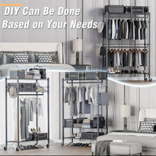 Load image into Gallery viewer, 3-Tier Adjustable Garment Rack with Rolling Wheels &amp; Side Hooks - Gray Finish