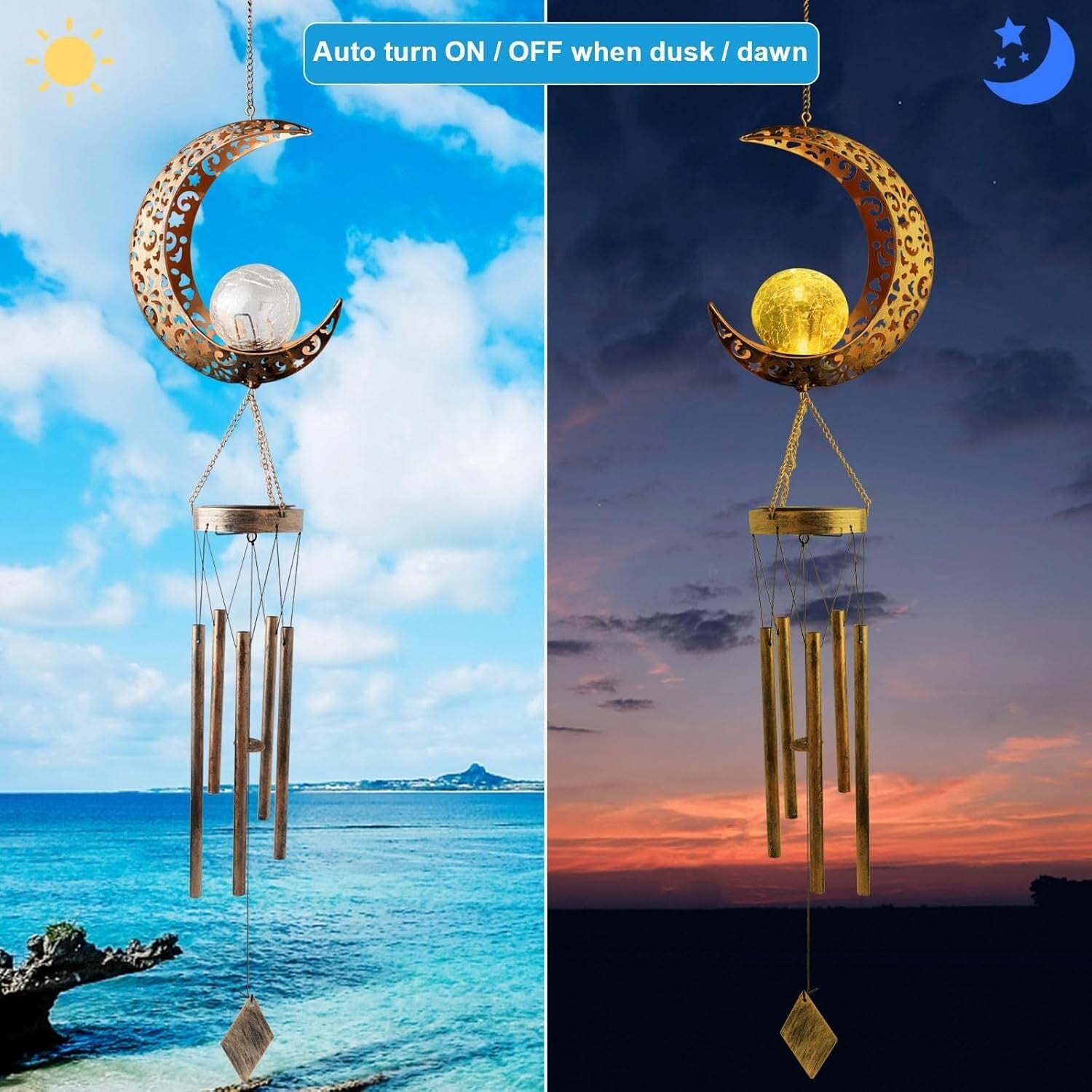 Crystal-Embellished Moon Wind Chimes - Solar Outdoor Decor for All Occasions