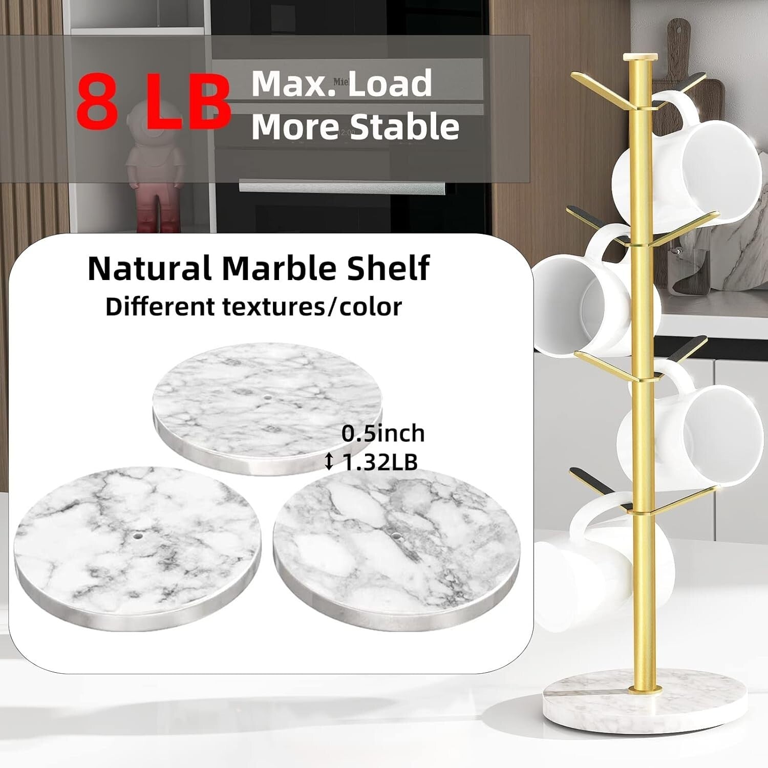 Elegant Gold Mug Holder Tree with Marble Base - 8 Hooks for Stylish Kitchens