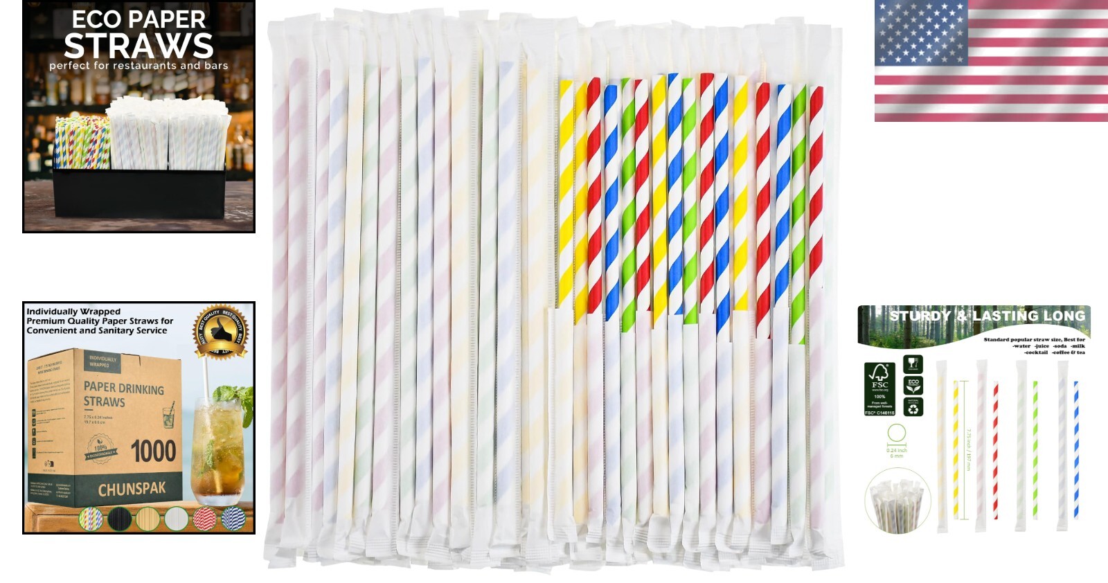 Bulk Biodegradable Paper Drinking Straws - 1000 Individually Wrapped Assorted...