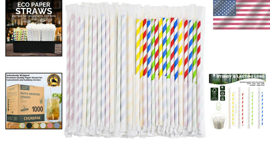 Bulk Biodegradable Paper Drinking Straws - 1000 Individually Wrapped Assorted...
