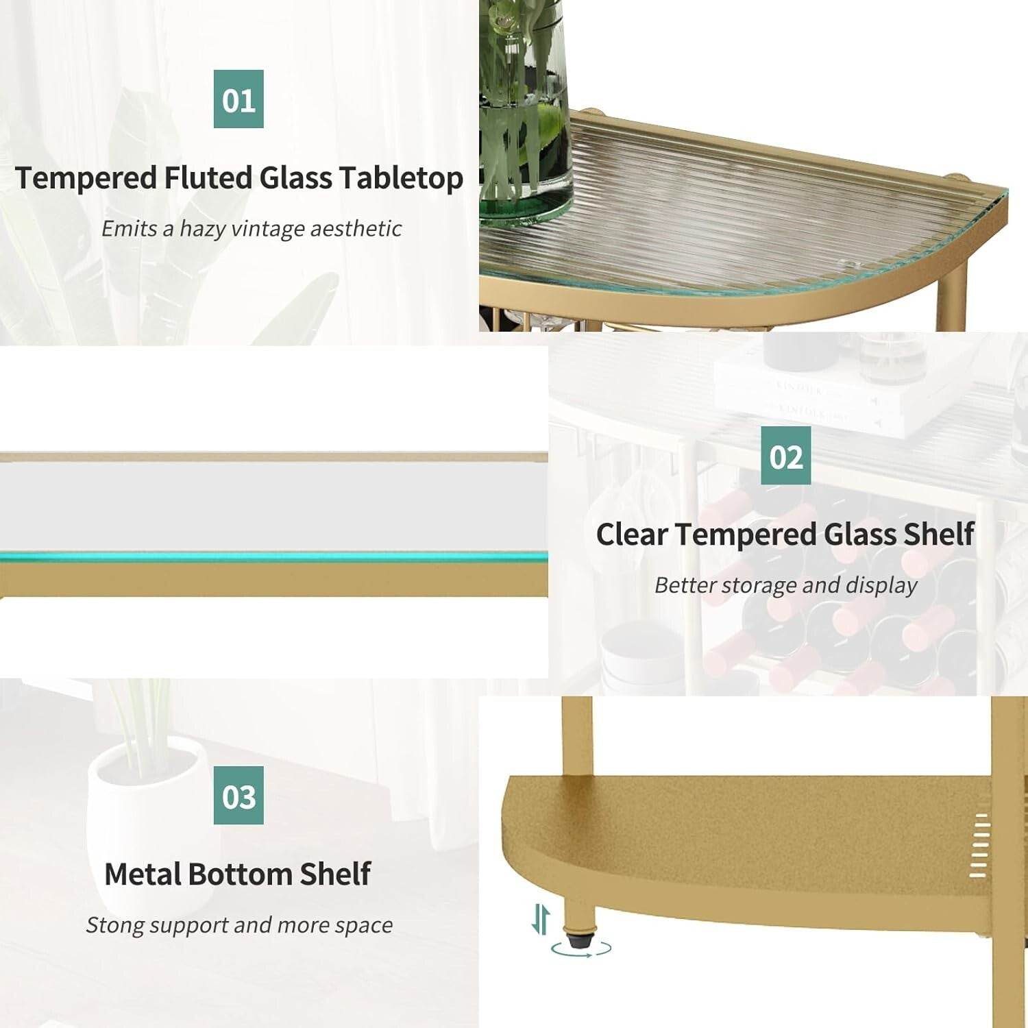 Compact Modern Gold Bar Table with 12-Bottle Wine Rack and Glass Holders