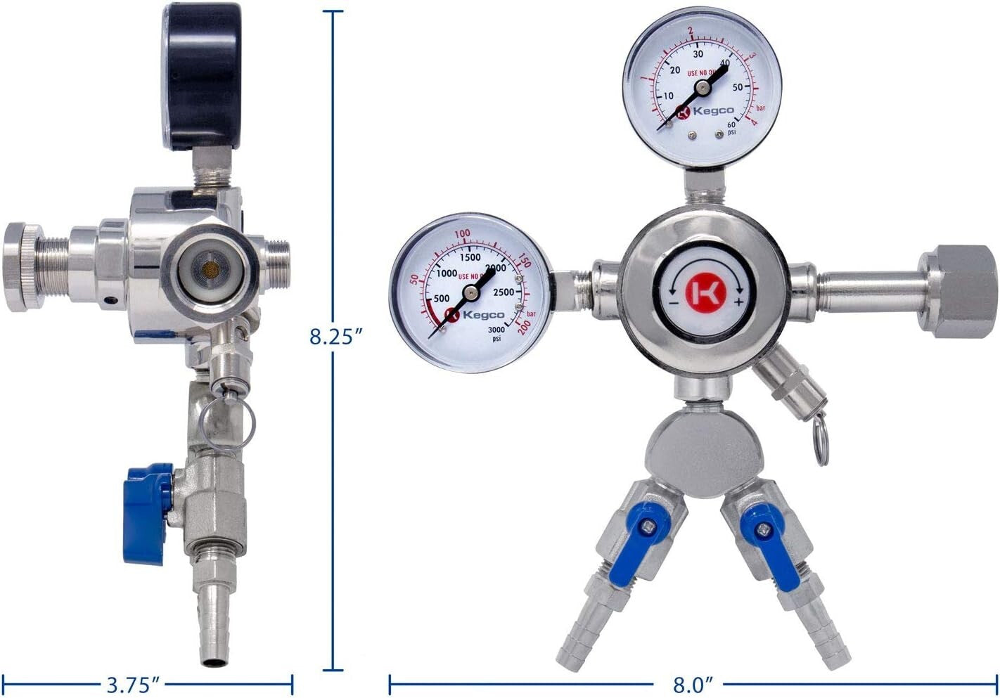 5/16" Chrome Beer Regulator with Dual Outputs and Safety Pressure Release Valve