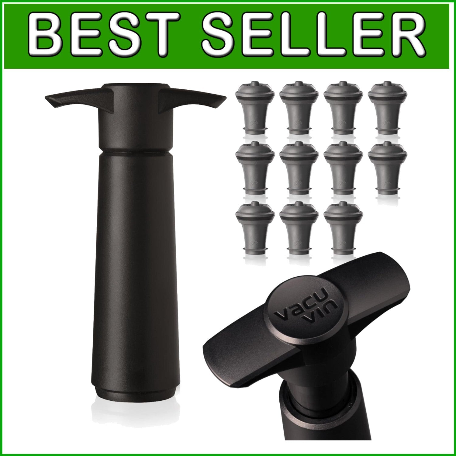 Black Wine Saver Pump with 11 Reusable Stoppers - Easy-to-Use Preservation