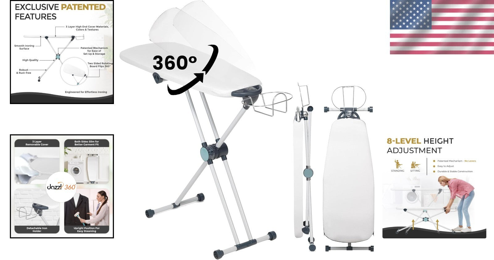 EZ20 Slim Ironing Board with 8-Level Height Adjustment & 360° Rotating Design