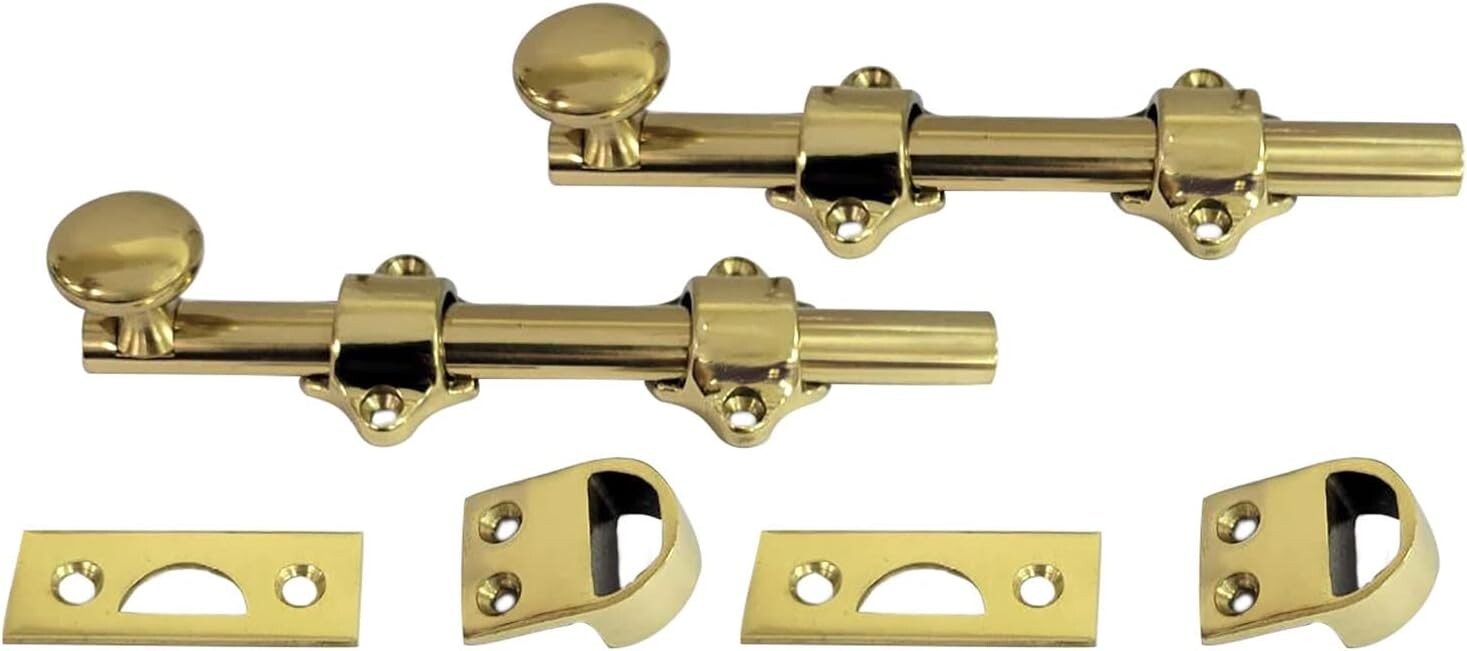 2-Pack Solid Brass Door Bolt 6" - Durable & Stylish Polished Brass Hardware