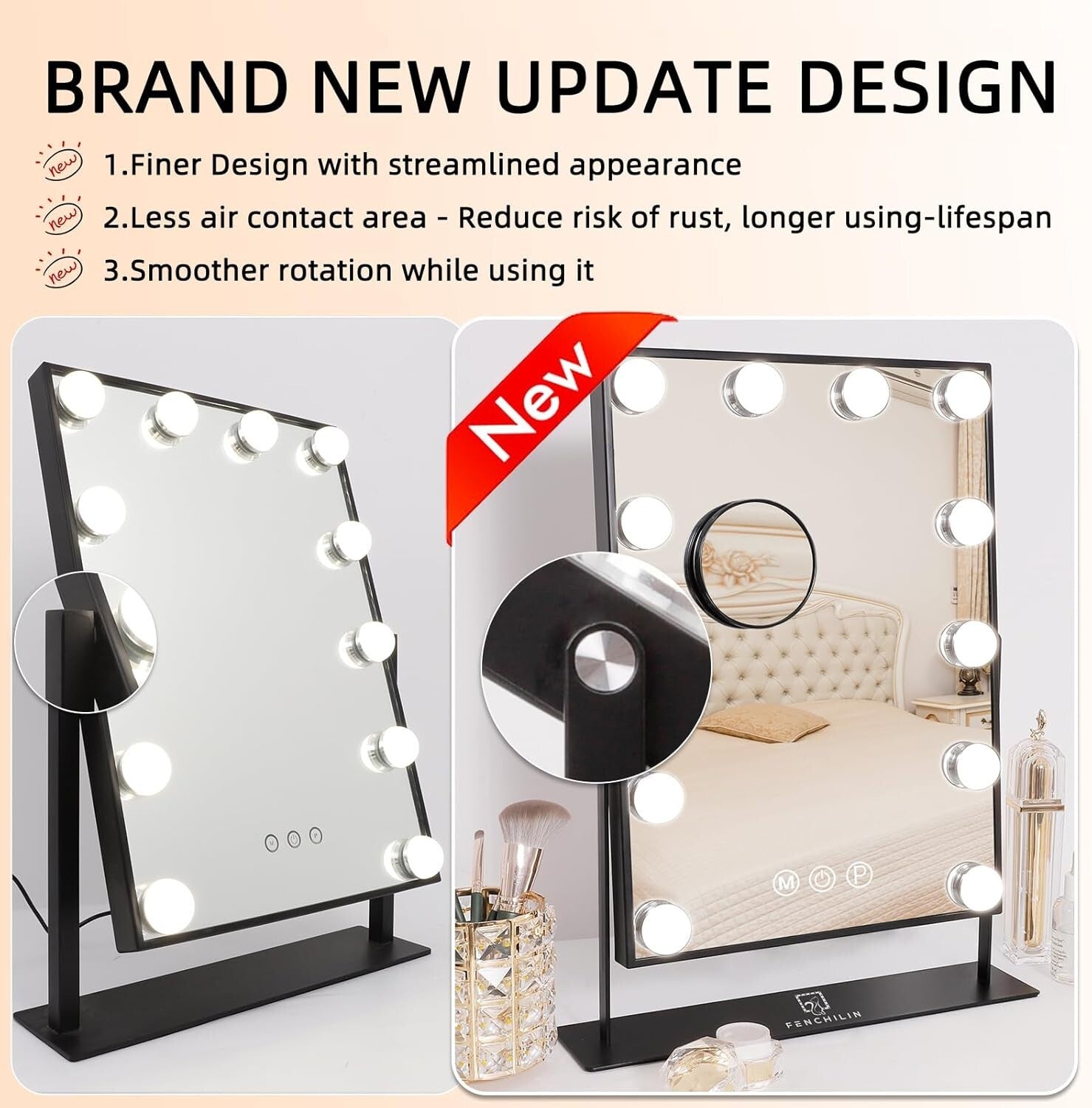 Elegant Black Glam Makeup Mirror - 3 Colors & Detachable 10X Magnification