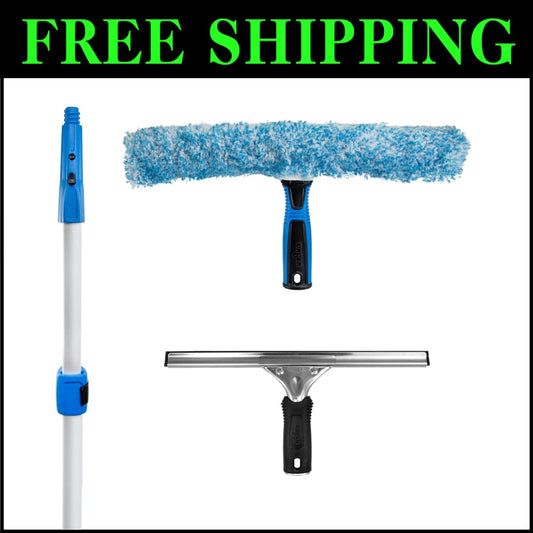 Complete Window Cleaning Kit: Squeegee, Scrubber & Extendable Pole - Blue/Black