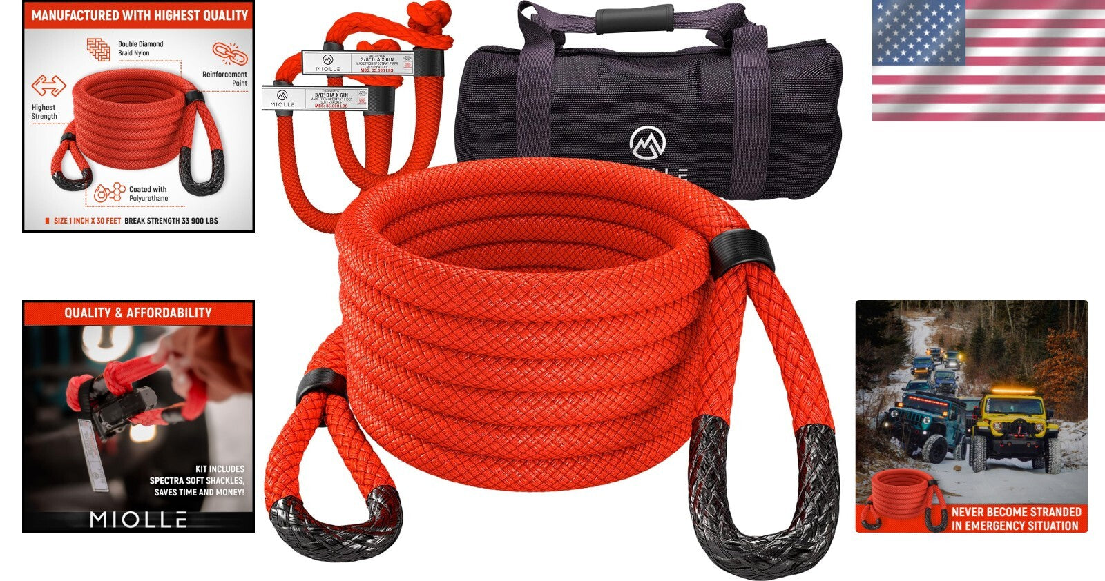 Firecracker Red Kinetic Recovery Rope 1" x 30' - Enhanced Strength & Durability