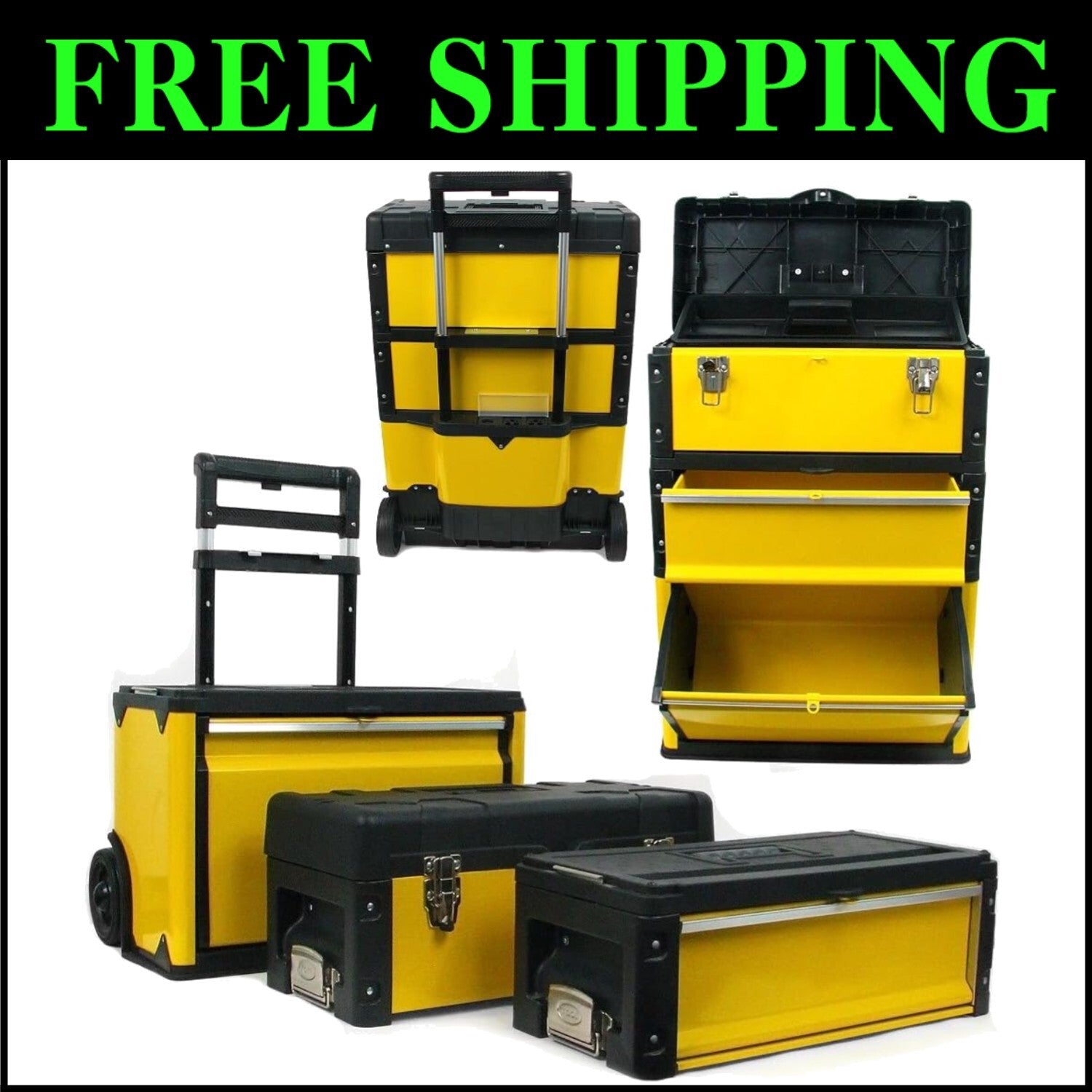 Ergonomic Rolling Tool Organizer - Stackable 3 Compartment Chest for Workshops