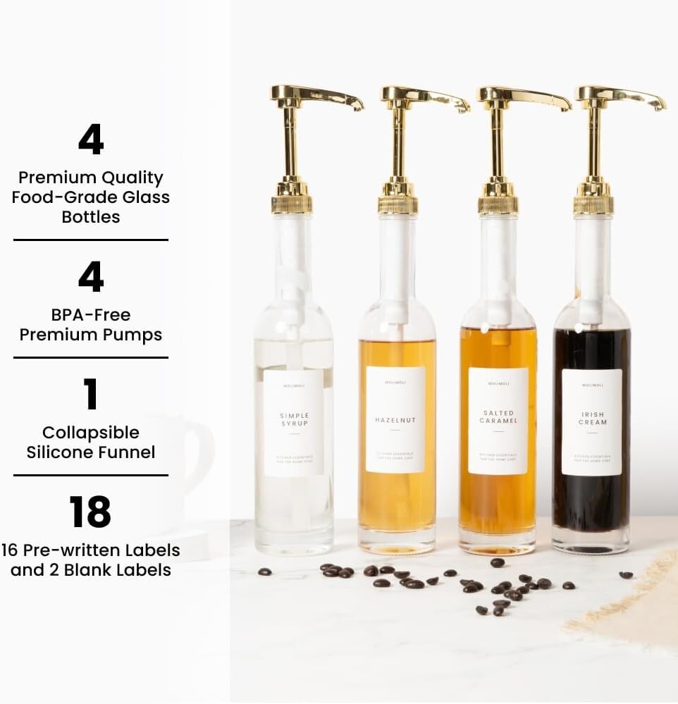 Stylish 350ml Pump Dispenser Set - Gold Syrup Bottles with Custom Labels