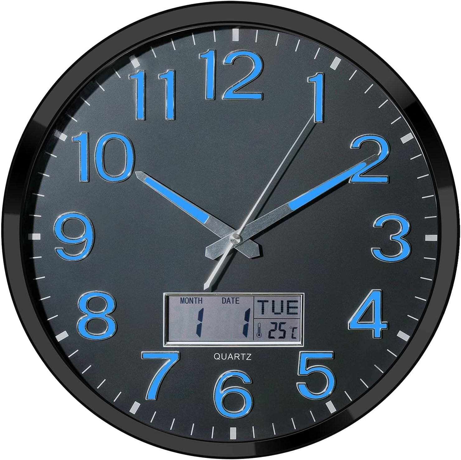 Elegant 14-Inch Battery Operated Wall Clock with Glowing Features & Temp Display