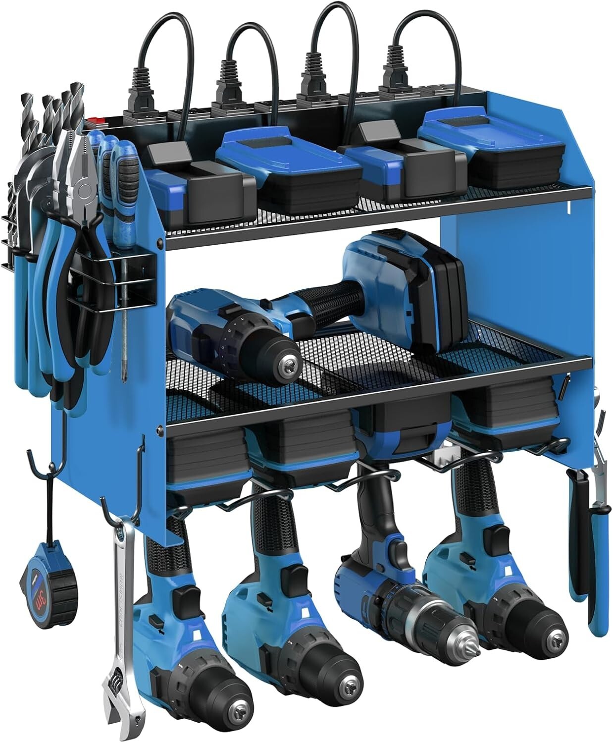 Efficient Garage Tool Organizer with Charging Station & Durable Metal Finish