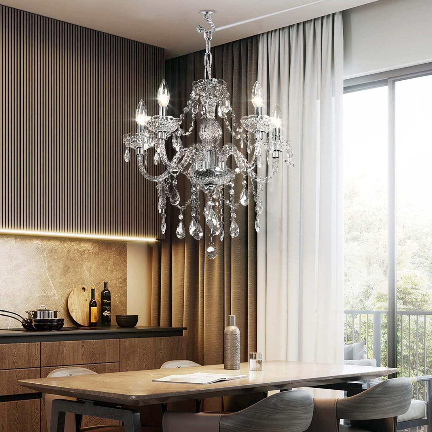 Elegant Acrylic Crystal Chandelier - Plug-In 5 Light Pendant with Clear Cord