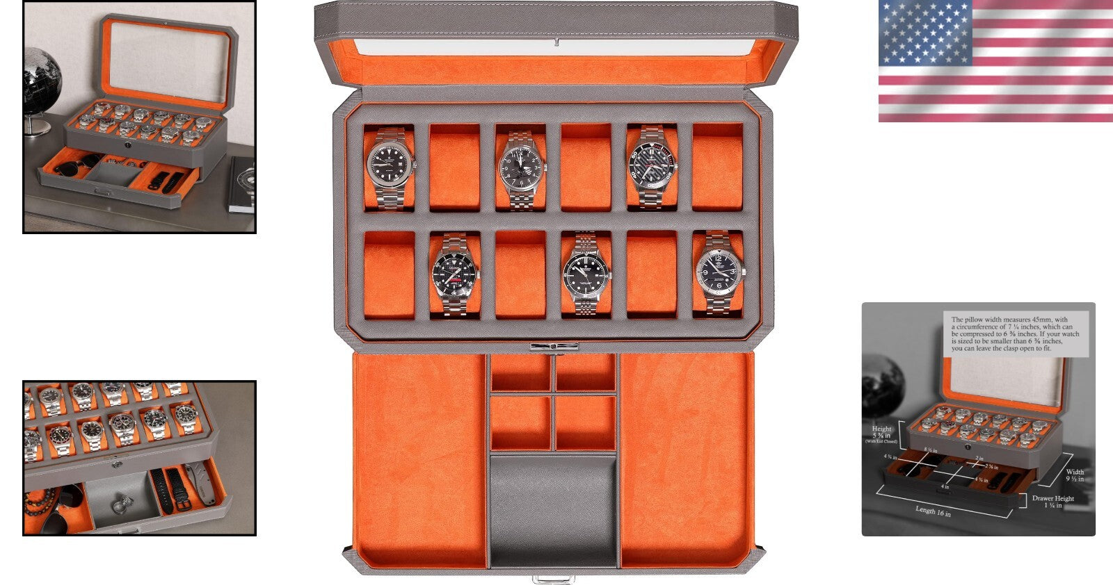 12 Slot Luxury Leather Watch Box with Valet Drawer - Elegant Storage Organizer