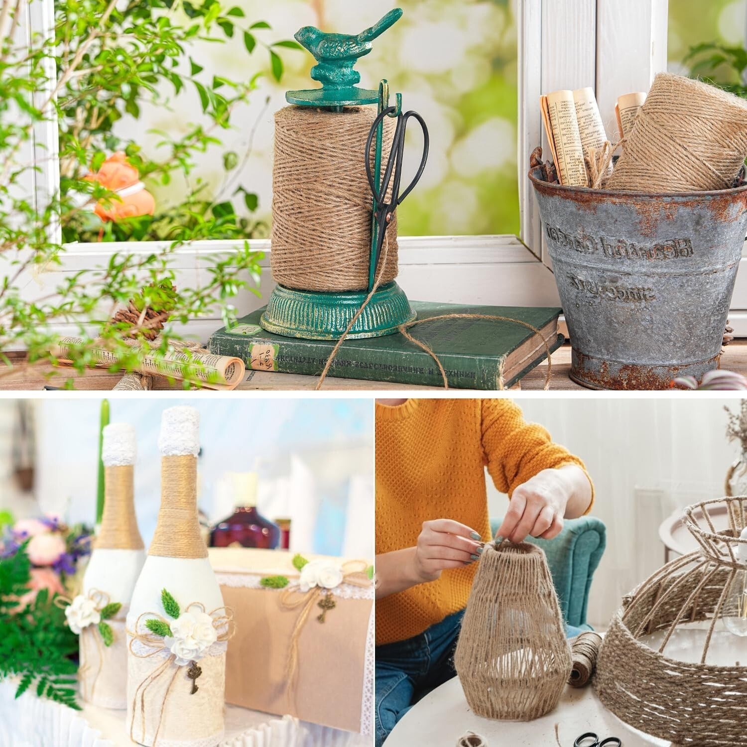 Decorative Cast Iron Twine Holder with 1300ft. Natural Jute String and Scissors
