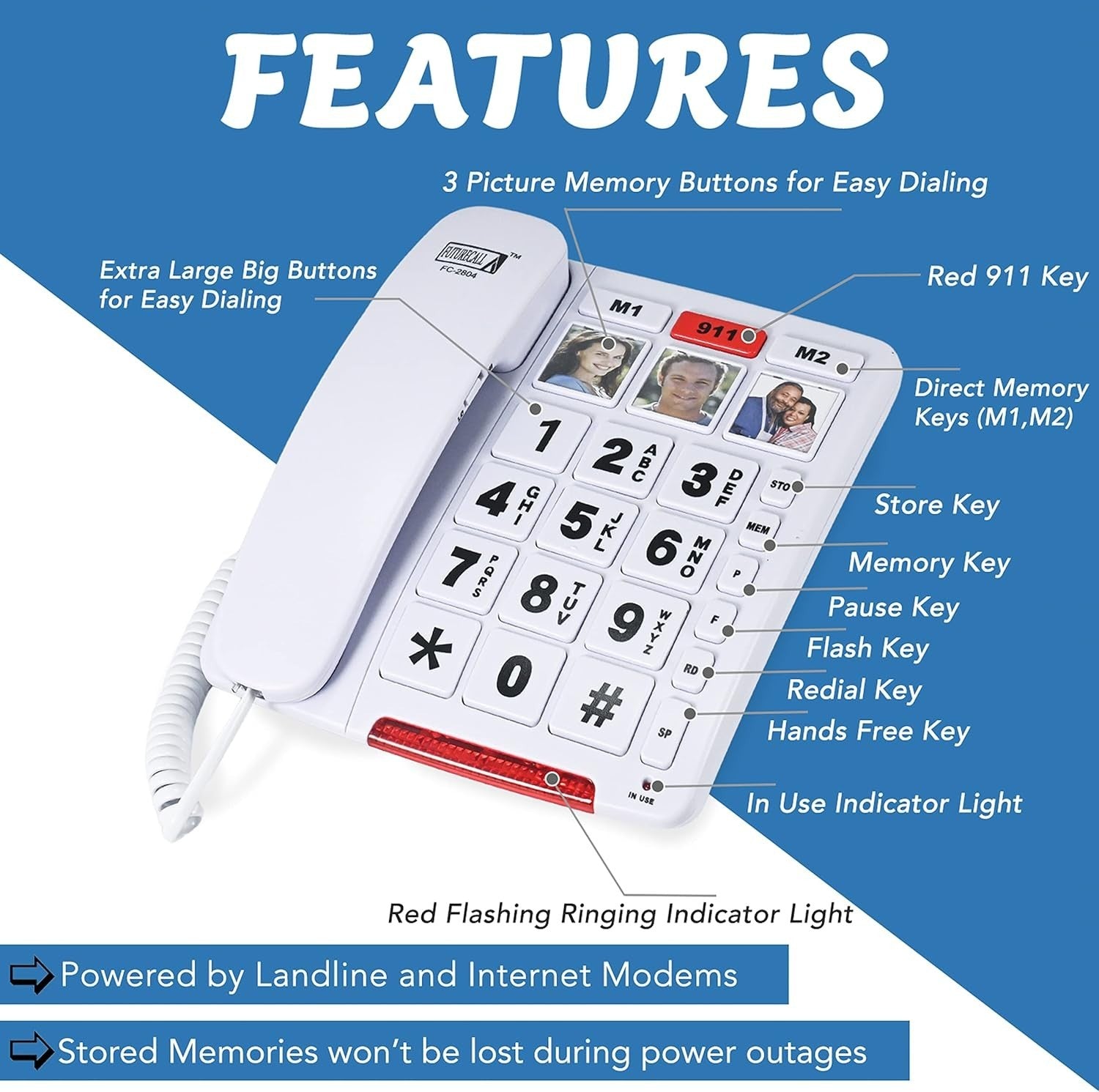 FC-2804 Big Button Phone: Amplified & Easy Dial for Seniors - 3 Picture Keys