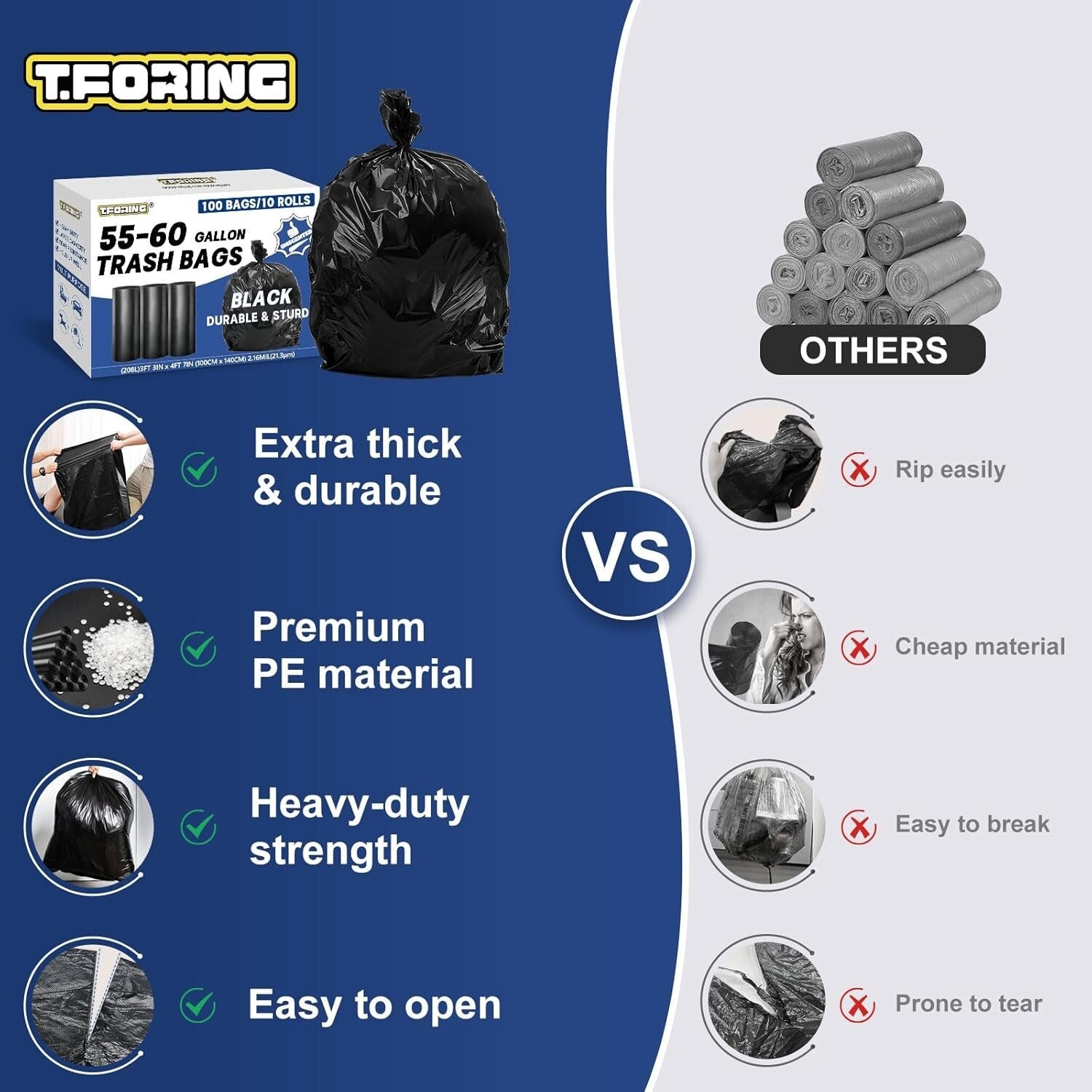 100 Heavy-Duty Unscented Trash Bags - 55-60 Gallon Waterproof Can Liners - Black