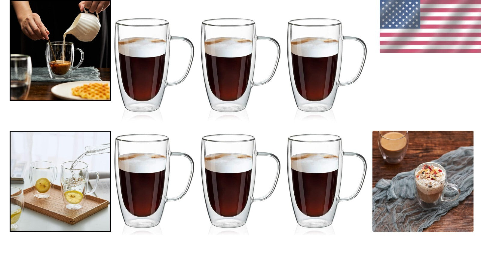 Durable Borosilicate Glass Coffee Mugs - 16oz Double Layer Insulation, 6 Pack