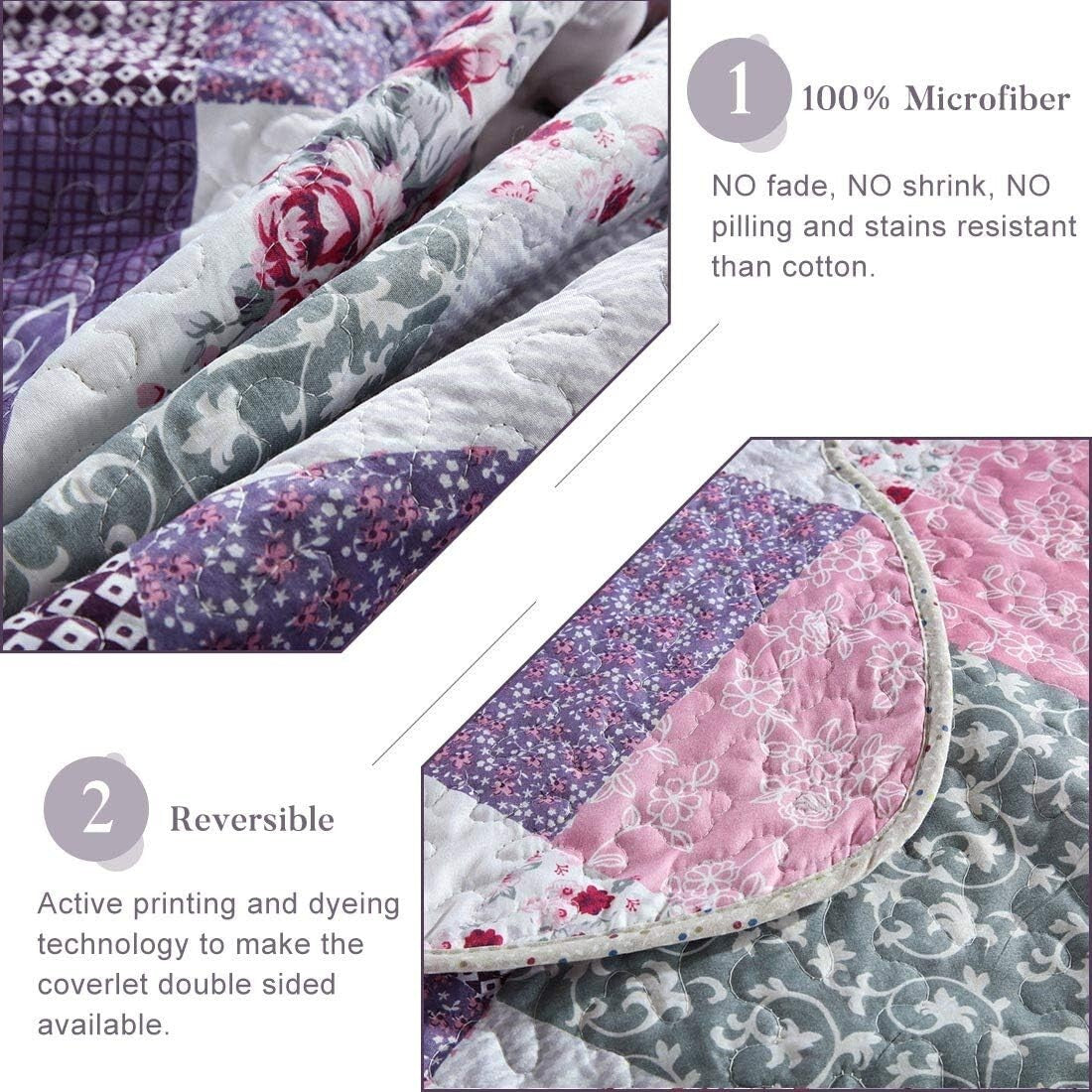 Soft Microfiber Queen Bedspread - Reversible Floral Patchwork Design, 3-Piece