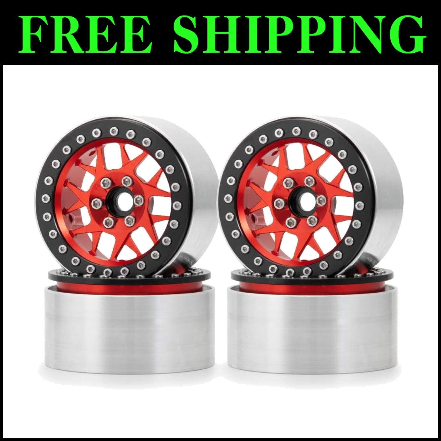 Stylish Red Beadlock Wheels - Upgrade Your 1/10 RC Crawler's Performance
