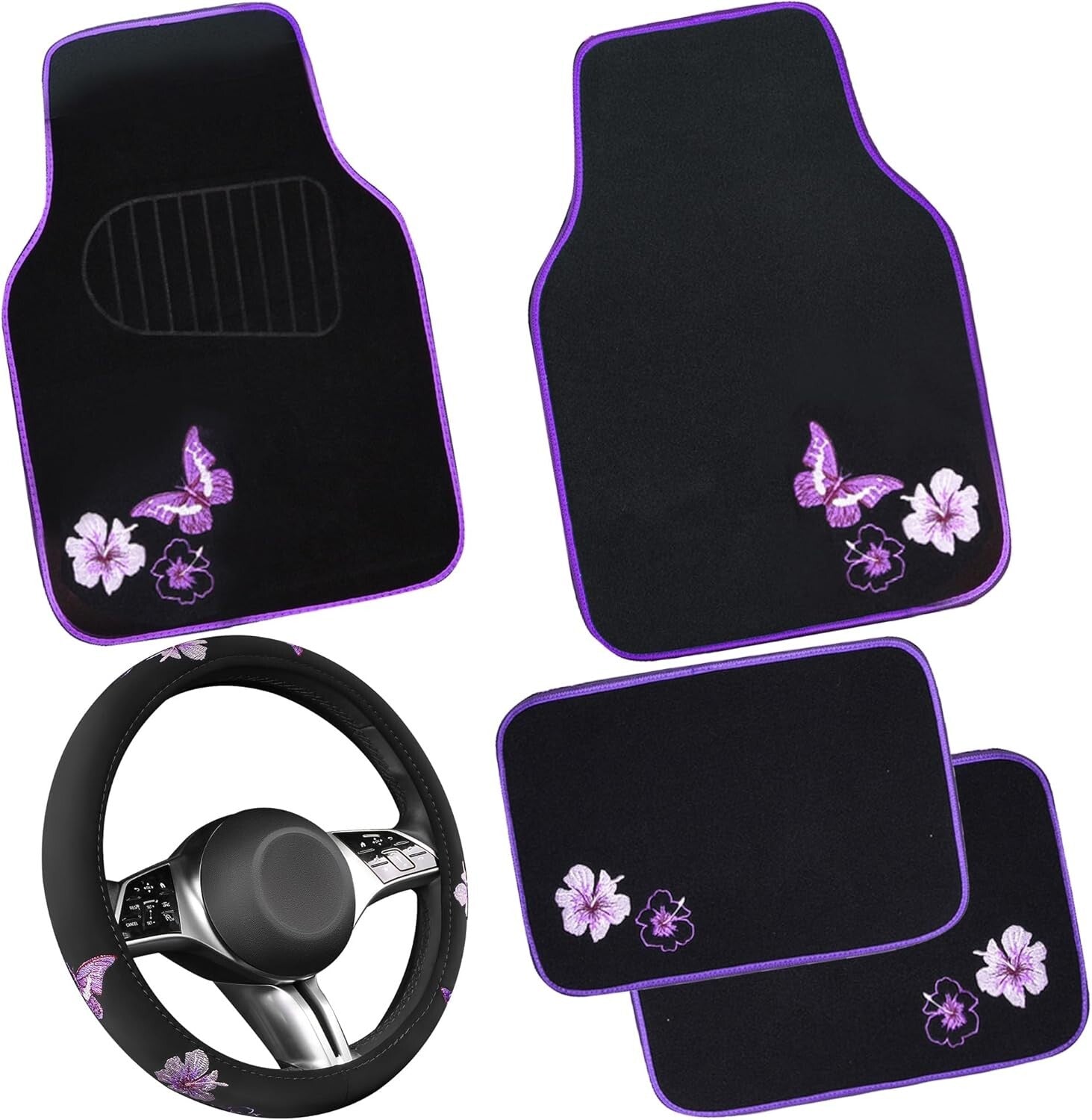 Elegant Purple Car Mats and Butterfly Steering Wheel Set - Easy Installation