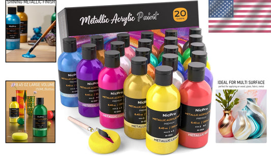 20 Color Metallic Acrylic Paint Set (8.45 Oz Each) - Non-Toxic, Quick-Dry Art...