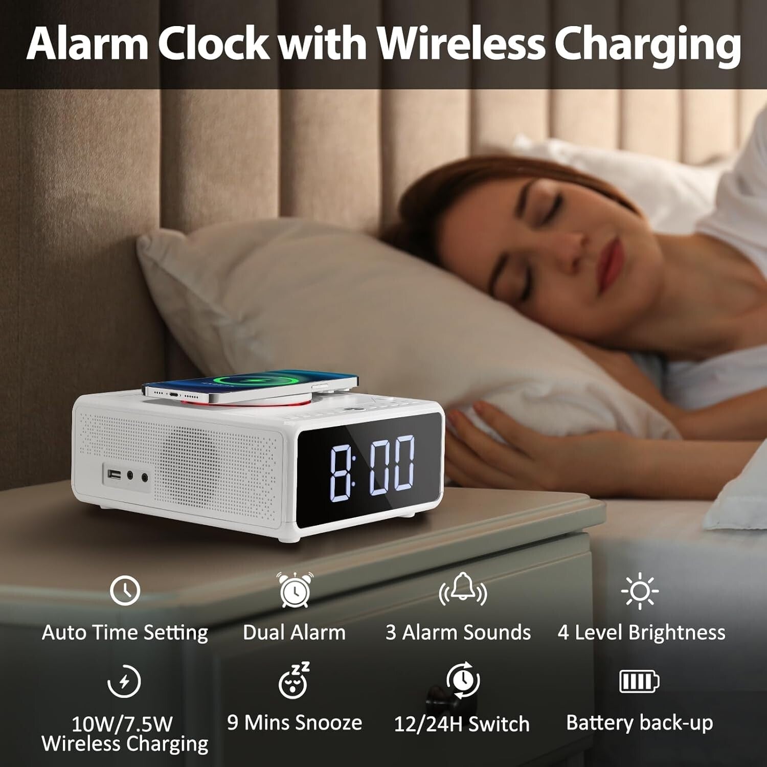 Dual Alarm CD Player Clock with FM Radio & 10W Fast Wireless Charging